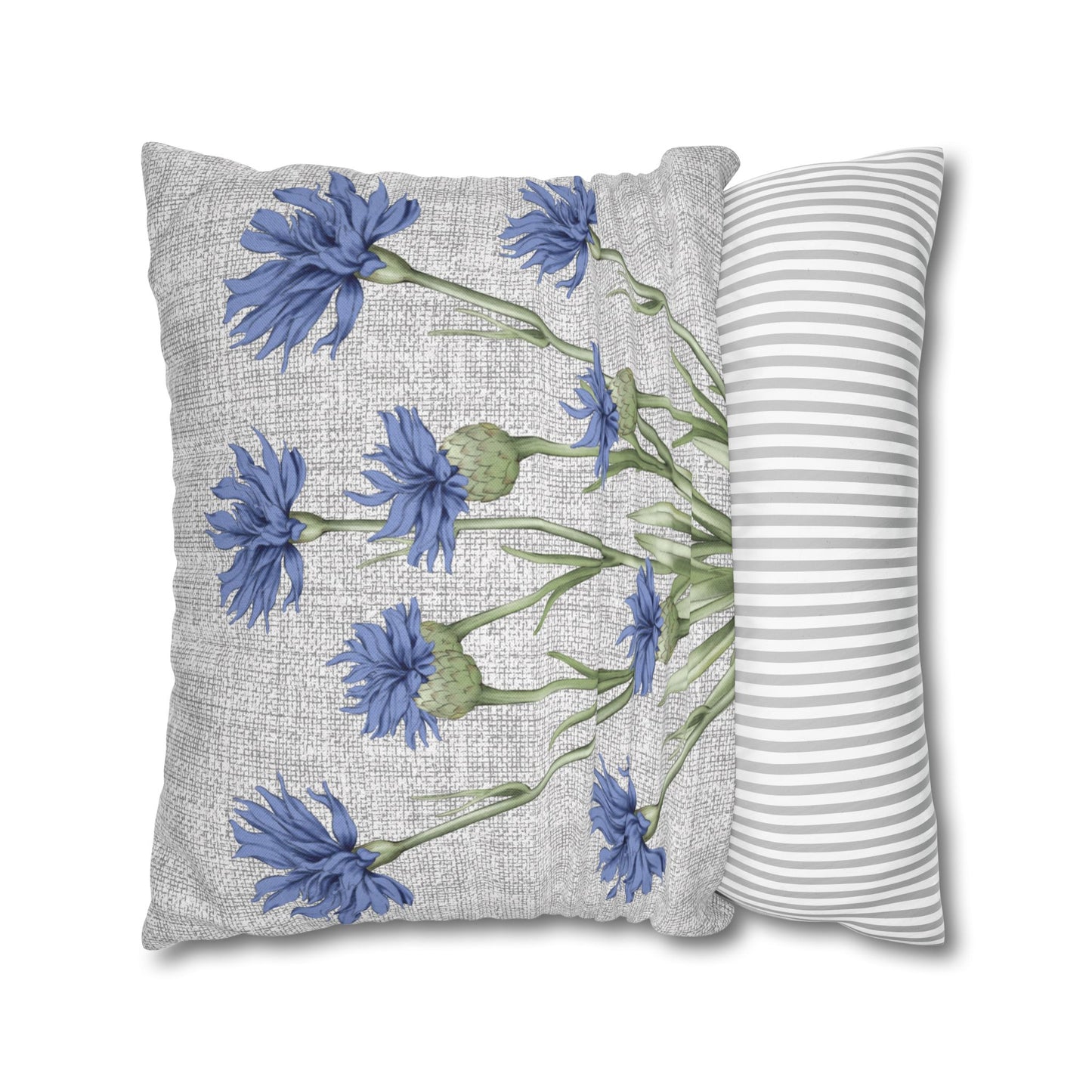 Blue Cornflower Bloom Pillow Cover – Botanical Linen-Style Accent for Couch or Bed