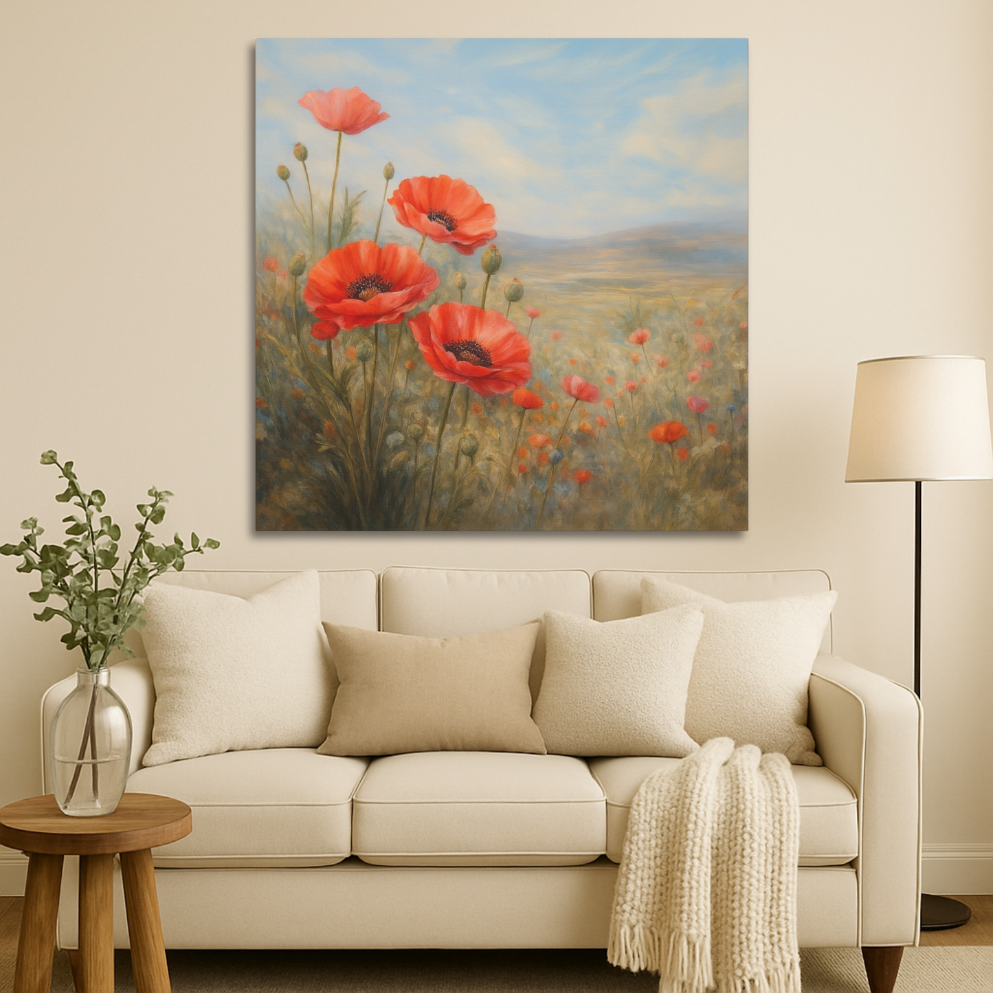 Poppy Field Wall Art, Red Poppy Canvas Print, Floral Landscape Artwork, Botanical Home Decor, Large Neutral Living Room Art