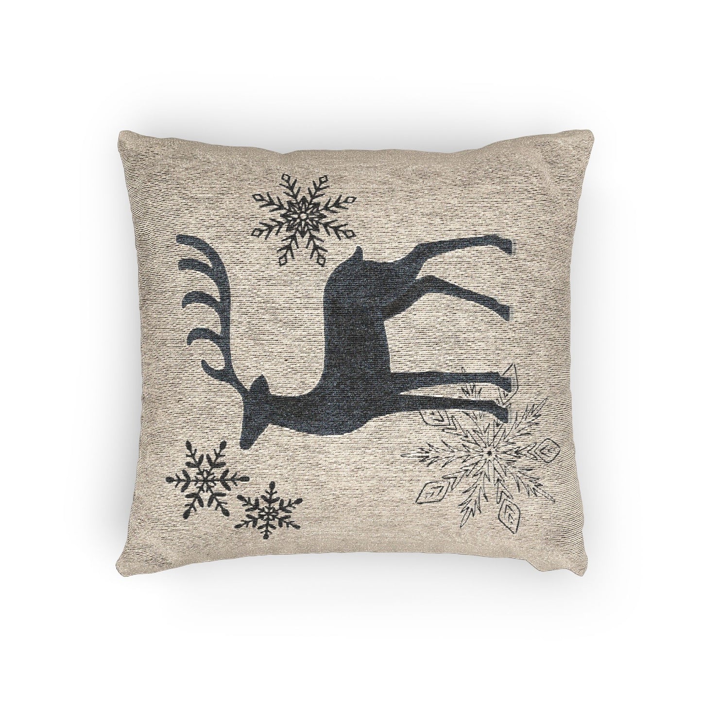 Warm Oatmeal Reindeer and Snowflakes Woven Pillow | Holiday Deer Throw Pillow