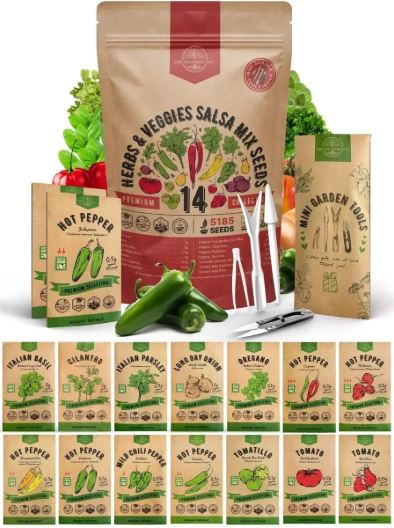 Salsa Garden Variety Pack: 14 Herb, Tomato & Chili Pepper Seeds for Indoor & Outdoor Gardening