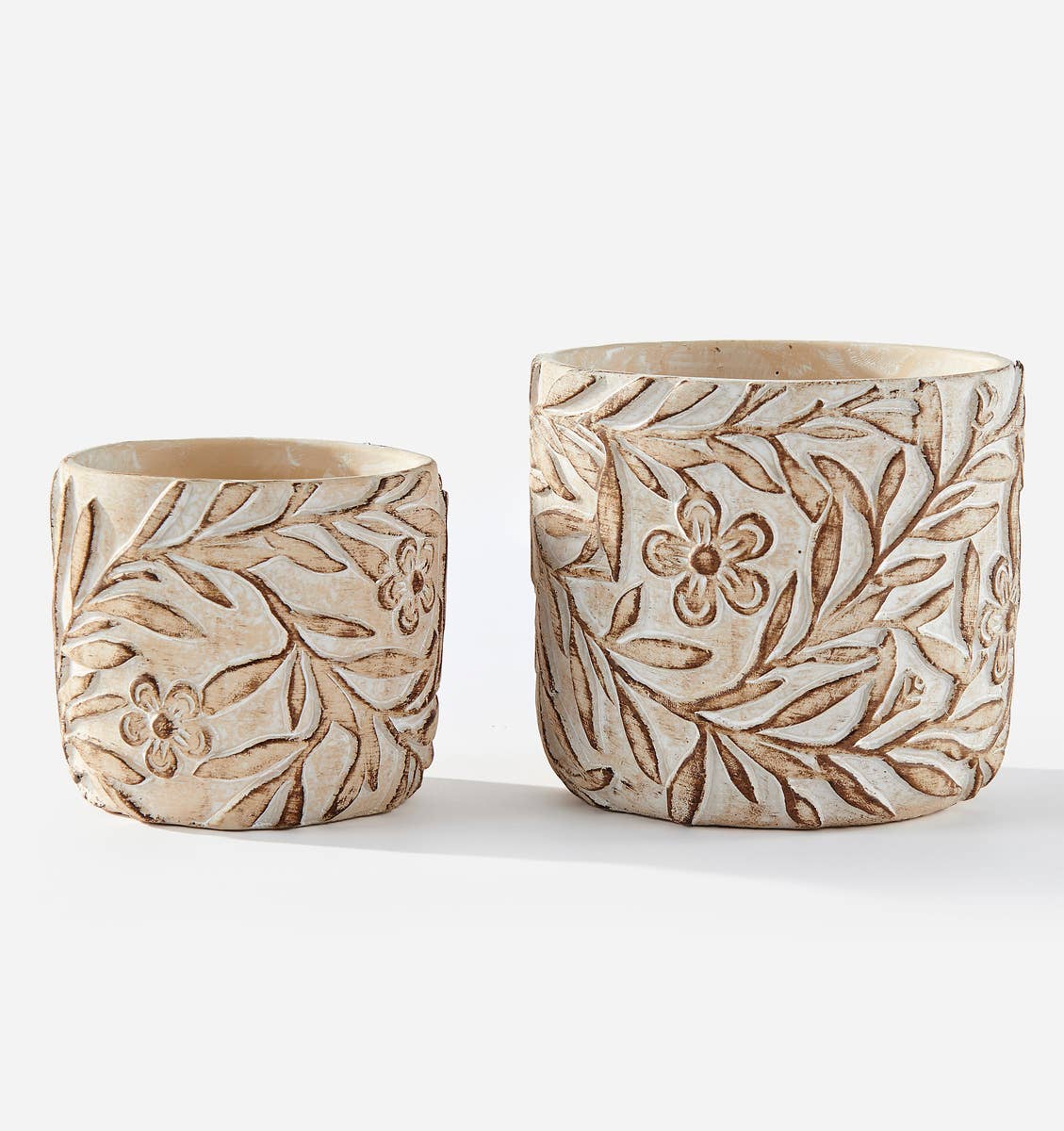 Beige Cement Planter with Raised Botanical Leaf Design – Set of 2 ...