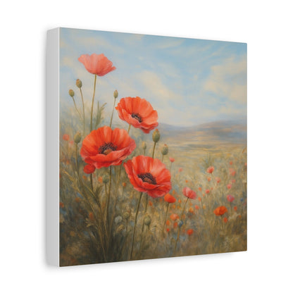 Poppy Field Wall Art, Red Poppy Canvas Print, Floral Landscape Artwork, Botanical Home Decor, Large Neutral Living Room Art
