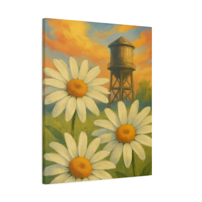 Daisies & Water Tower Matte Stretched Canvas Wall Art — 1.25"