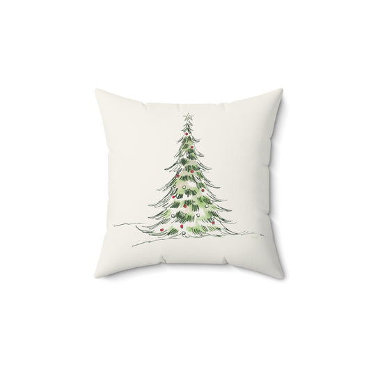 Cozy Christmas Tree Pillow with watercolor evergreen tree for neutral farmhouse holiday decor, removable cover