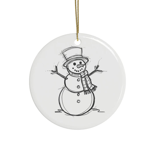 Hand drawn snowman sketch ornament on soft white ceramic, double sided
