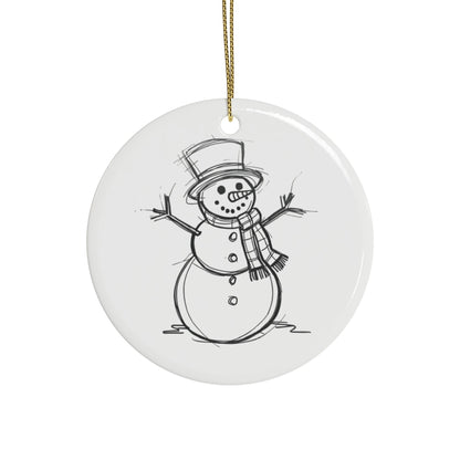 Hand drawn snowman sketch ornament on soft white ceramic, double sided