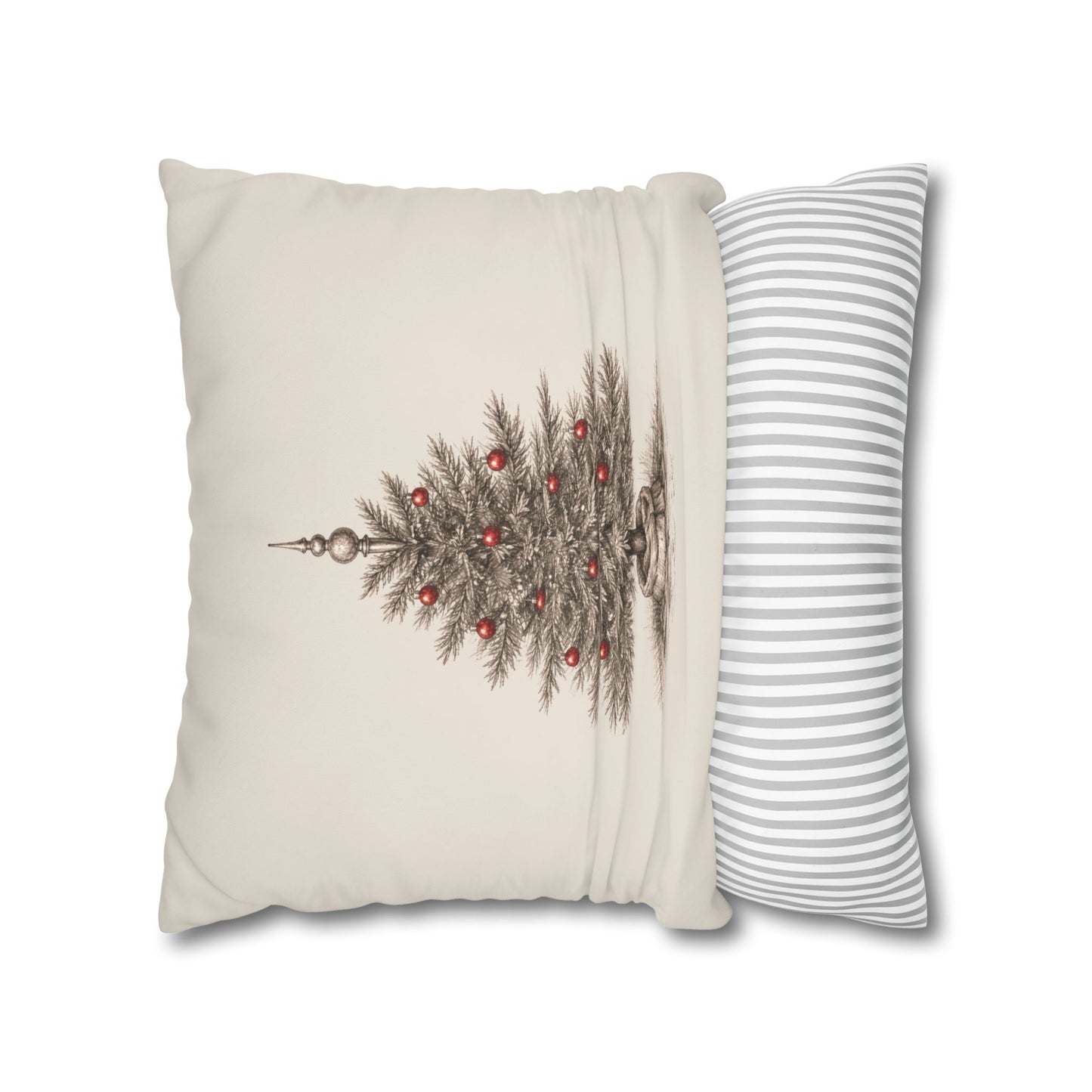 A Vintage Christmas Tree Pillow Cover in Natural Canvas with a Hand-Drawn Pencil Sketch