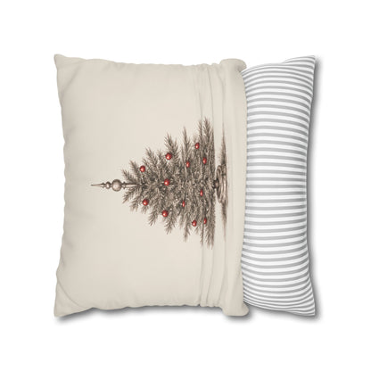 A Vintage Christmas Tree Pillow Cover in Natural Canvas with a Hand-Drawn Pencil Sketch
