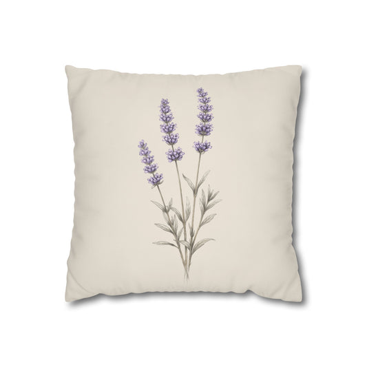 Soft lavender botanical pillow cover on neutral canvas for cozy cottage decor