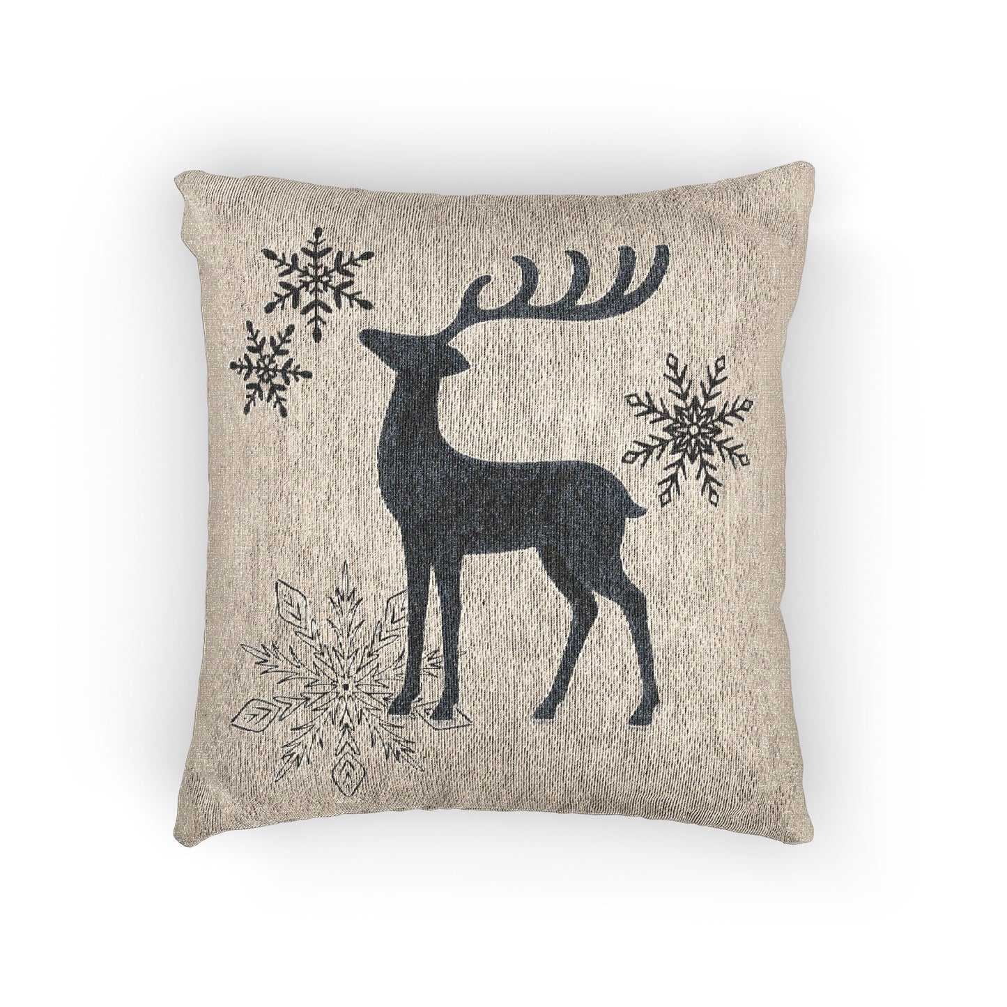 Warm Oatmeal Reindeer and Snowflakes Woven Pillow | Holiday Deer Throw Pillow