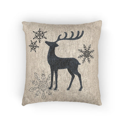 Warm Oatmeal Reindeer and Snowflakes Woven Pillow | Holiday Deer Throw Pillow