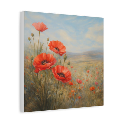 Poppy Field Wall Art, Red Poppy Canvas Print, Floral Landscape Artwork, Botanical Home Decor, Large Neutral Living Room Art