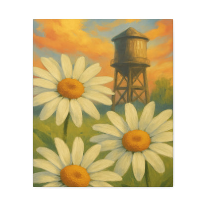 Daisies & Water Tower Matte Stretched Canvas Wall Art — 1.25"