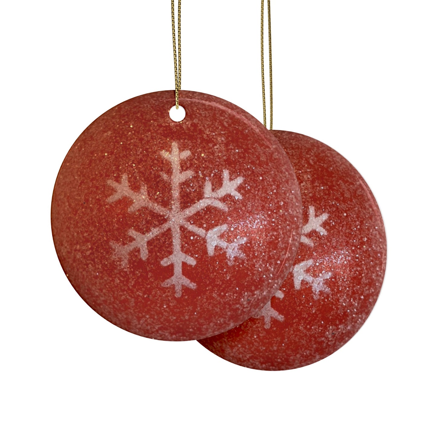 Red, sparkly snowflake ornament with classic Christmas charm