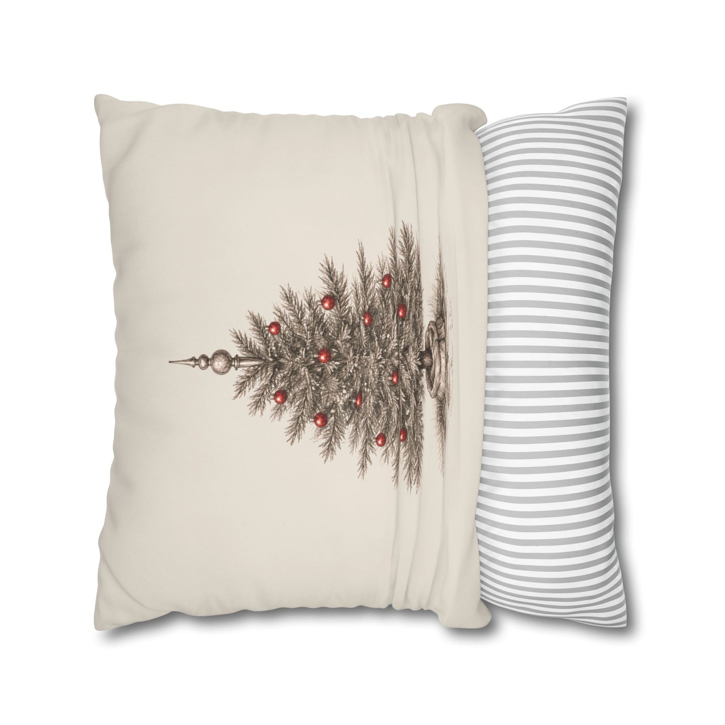 A Vintage Christmas Tree Pillow Cover in Natural Canvas with a Hand-Drawn Pencil Sketch