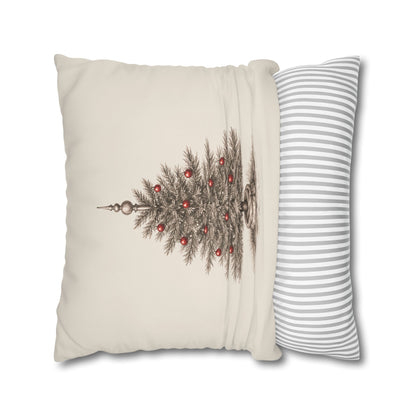 A Vintage Christmas Tree Pillow Cover in Natural Canvas with a Hand-Drawn Pencil Sketch