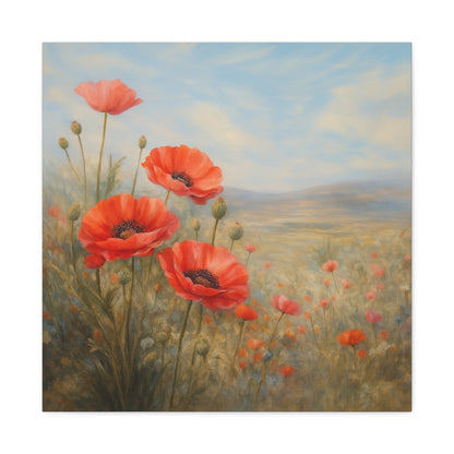Poppy Field Wall Art, Red Poppy Canvas Print, Floral Landscape Artwork, Botanical Home Decor, Large Neutral Living Room Art