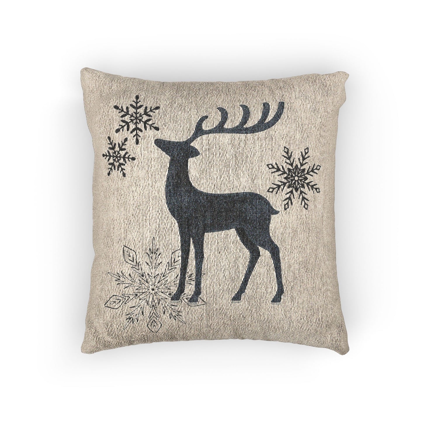 Warm Oatmeal Reindeer and Snowflakes Woven Pillow | Holiday Deer Throw Pillow