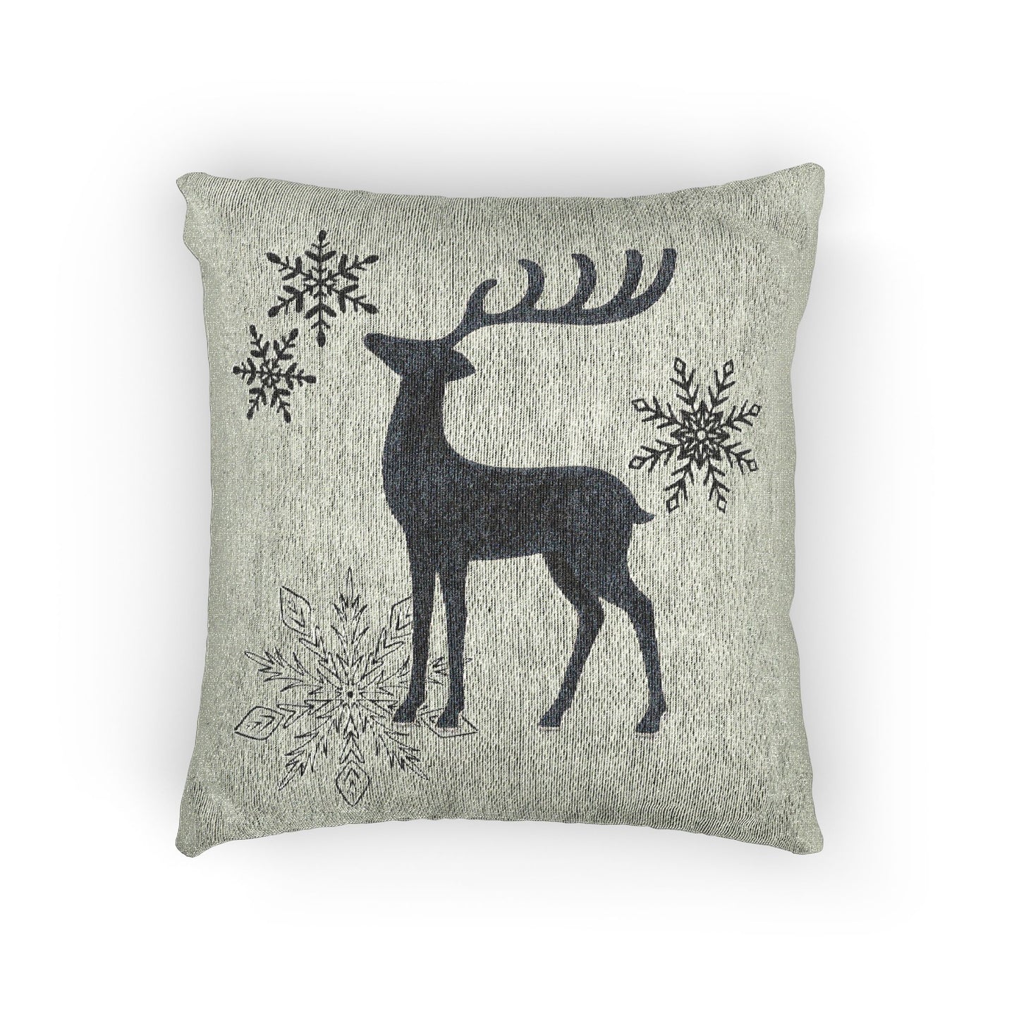 Sage Green Reindeer and Snowflakes Woven Pillow | Holiday Deer Throw Pillow