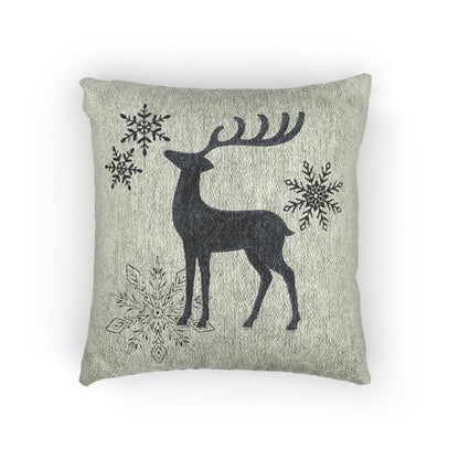 Sage Green Reindeer and Snowflakes Woven Pillow | Holiday Deer Throw Pillow