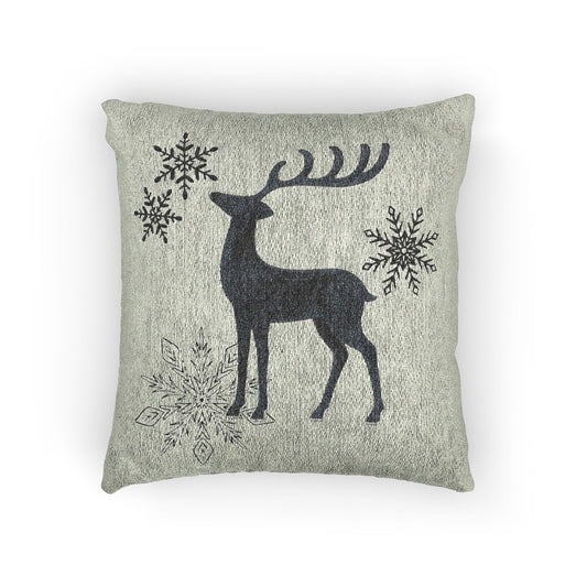 Sage Green Reindeer and Snowflakes Woven Pillow | Holiday Deer Throw Pillow