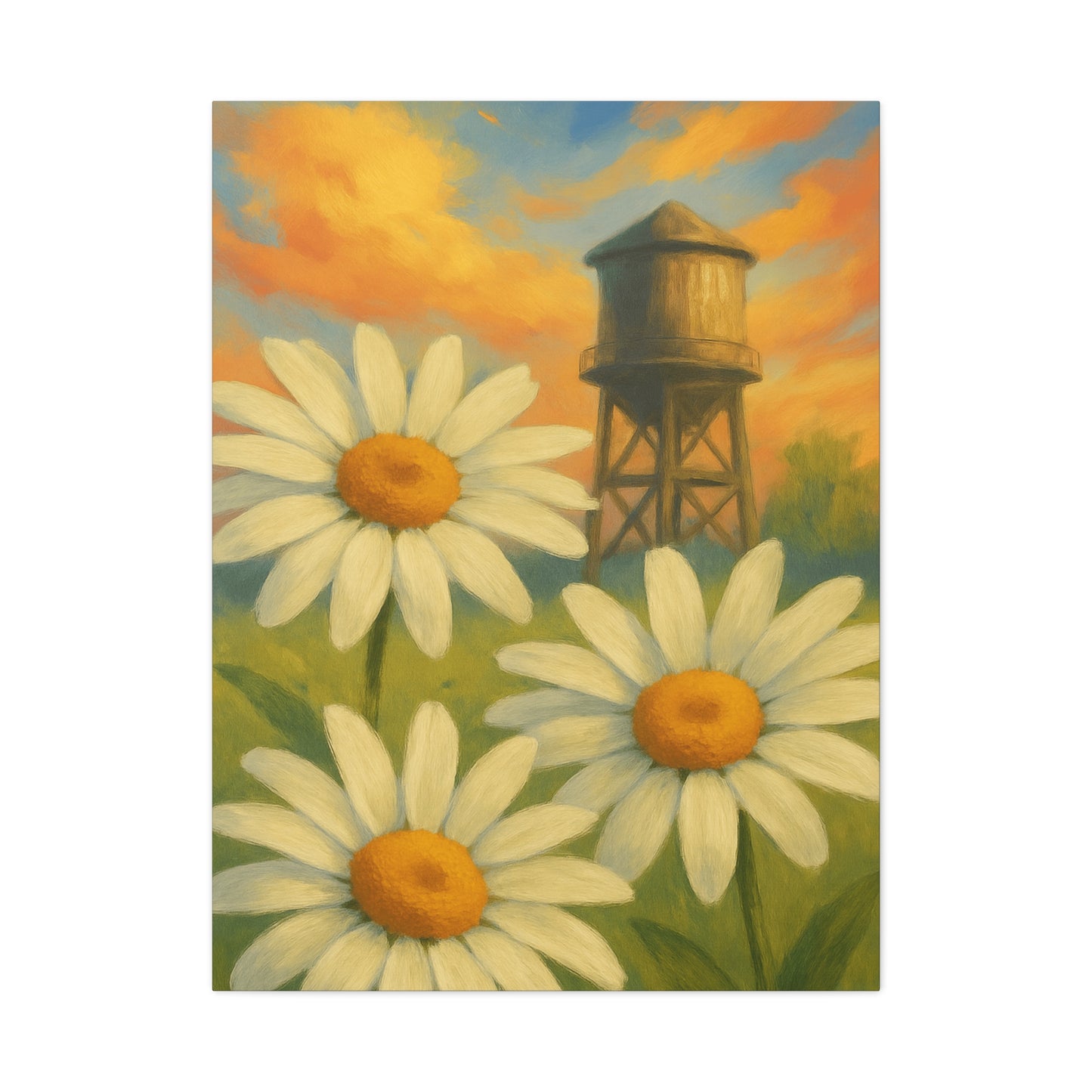 Daisies & Water Tower Matte Stretched Canvas Wall Art — 1.25"