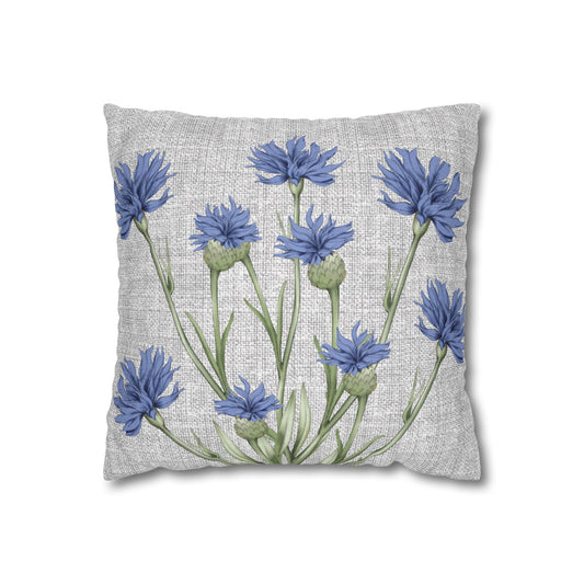 Blue Cornflower Bloom Pillow Cover – Botanical Linen-Style Accent for Couch or Bed