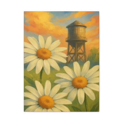 Daisies & Water Tower Matte Stretched Canvas Wall Art — 1.25"