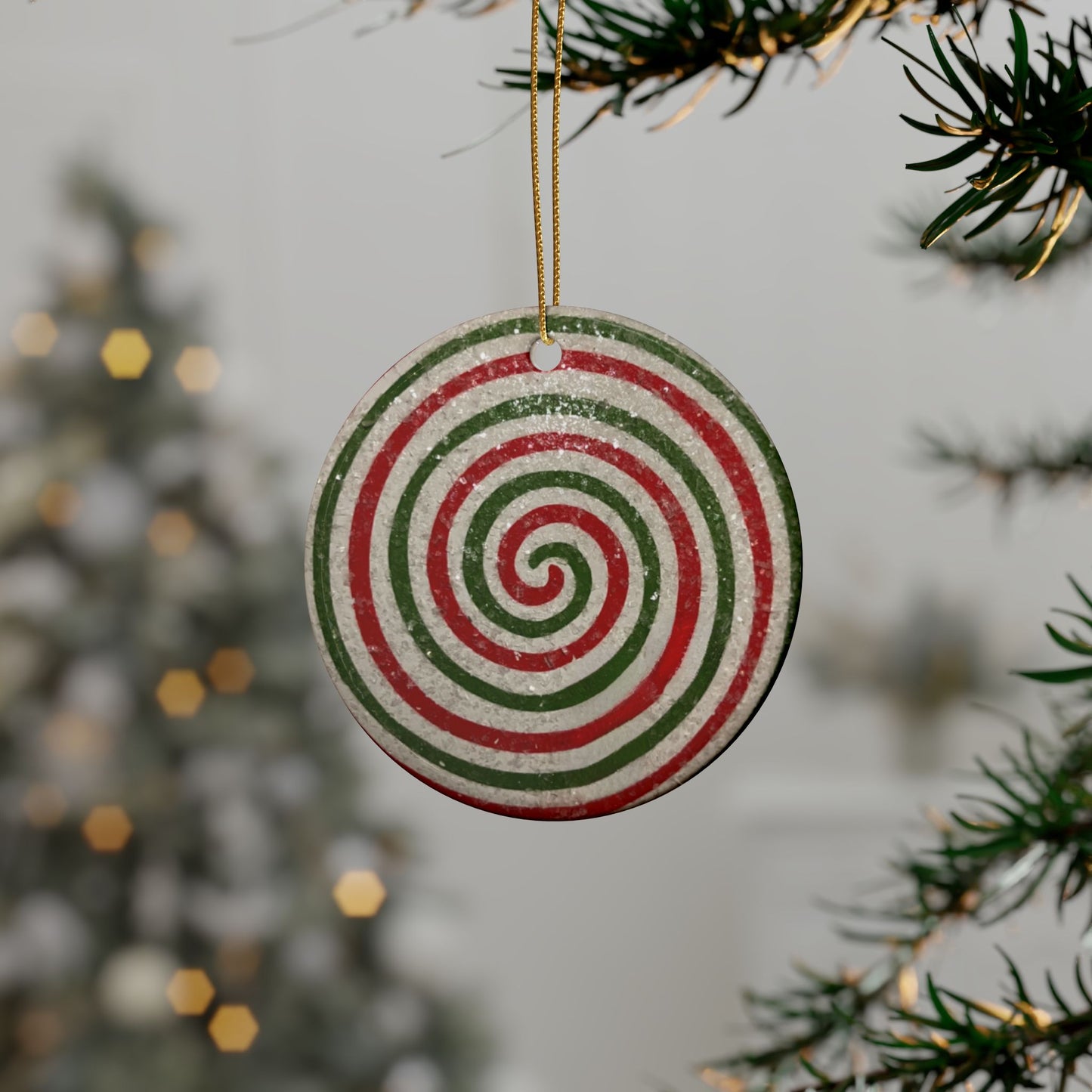 A retro peppermint swirl ornament inspired by mid-century Christmas decor
