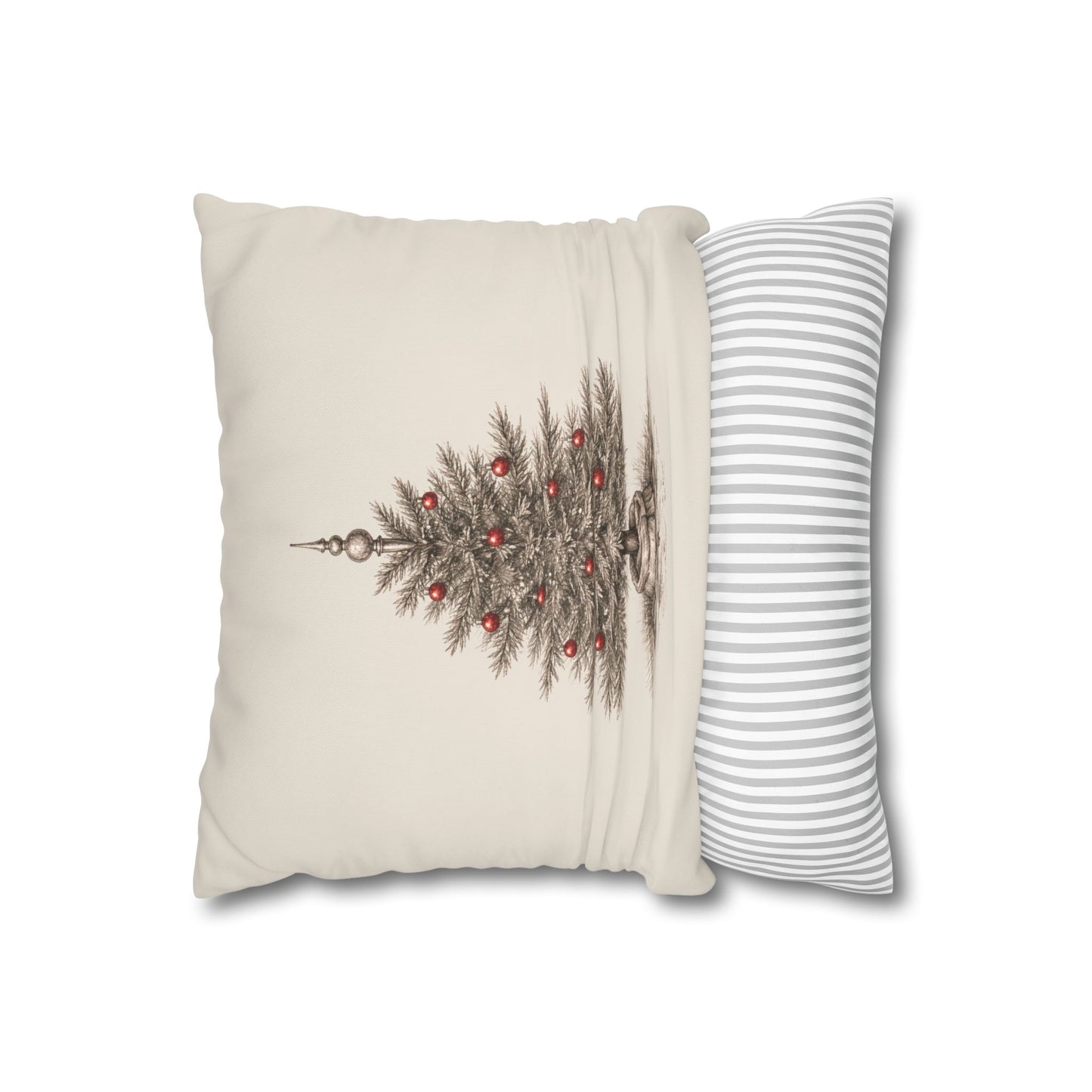 A Vintage Christmas Tree Pillow Cover in Natural Canvas with a Hand-Drawn Pencil Sketch