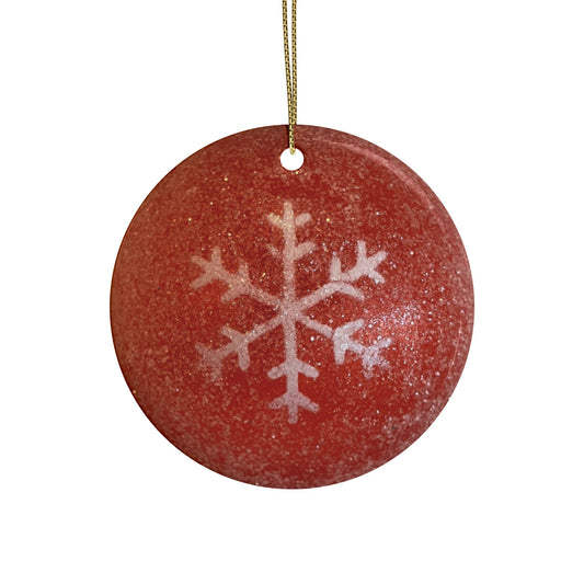 Red, sparkly snowflake ornament with classic Christmas charm