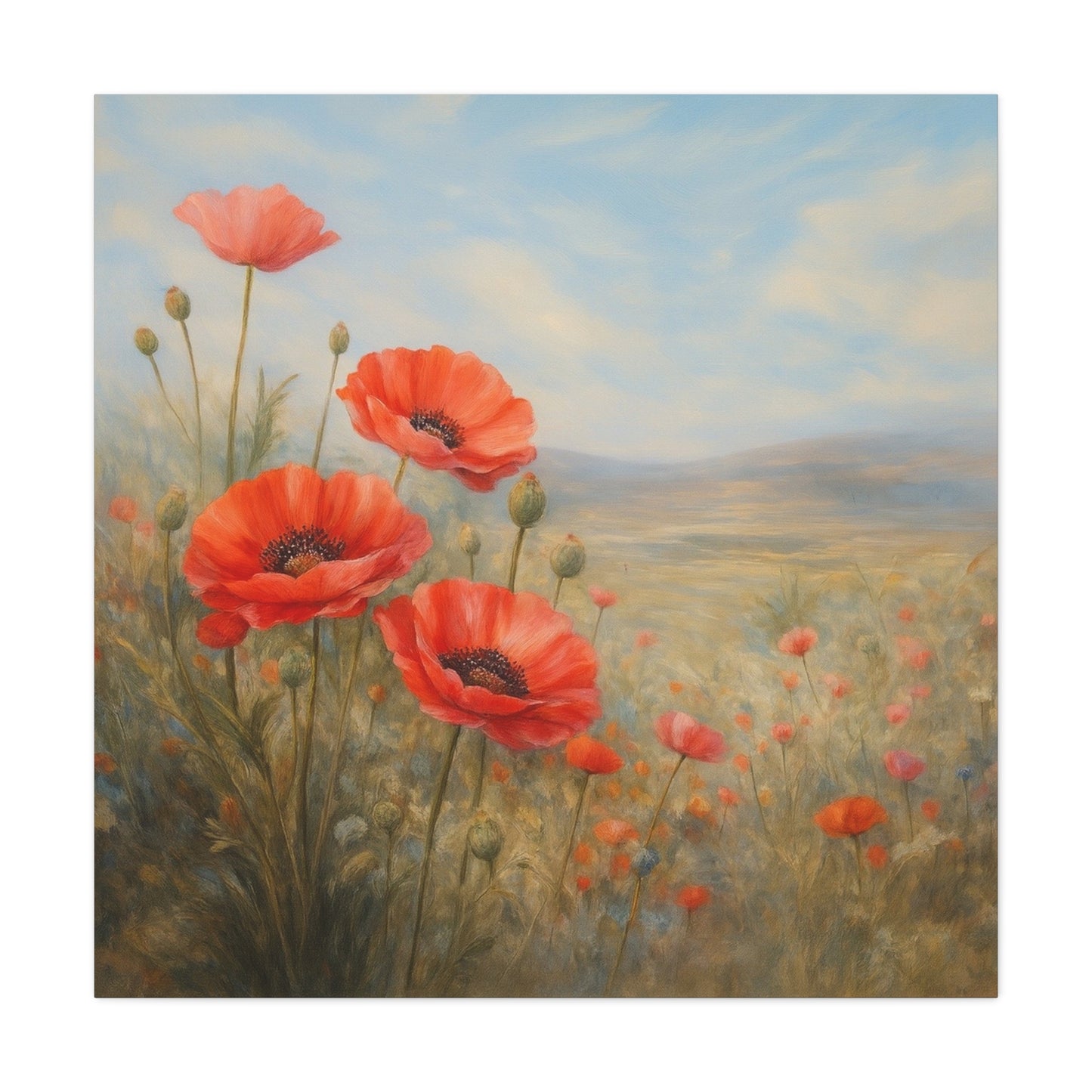 Poppy Field Wall Art, Red Poppy Canvas Print, Floral Landscape Artwork, Botanical Home Decor, Large Neutral Living Room Art