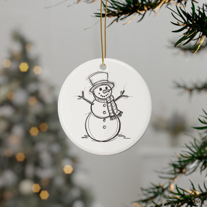 Hand drawn snowman sketch ornament on soft white ceramic, double sided