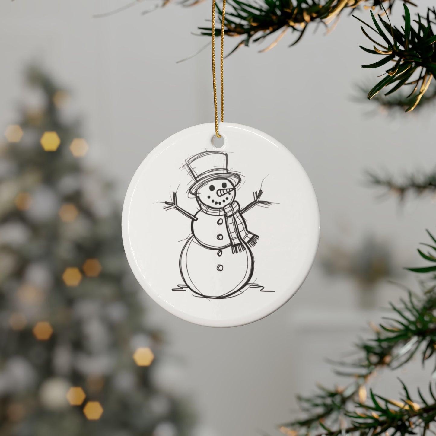 Hand drawn snowman sketch ornament on soft white ceramic, double sided