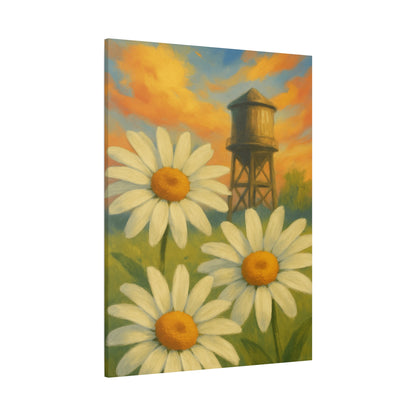 Daisies & Water Tower Matte Stretched Canvas Wall Art — 1.25"