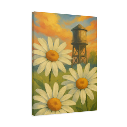 Daisies & Water Tower Matte Stretched Canvas Wall Art — 1.25"