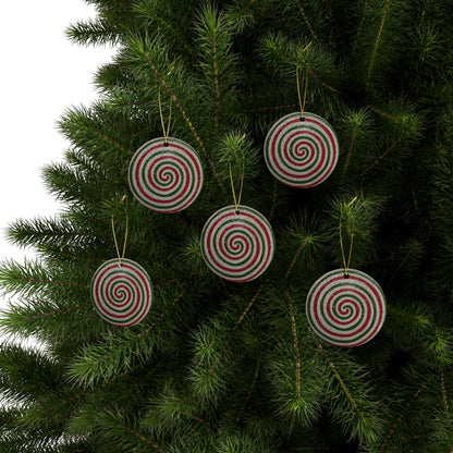 A retro peppermint swirl ornament inspired by mid-century Christmas decor