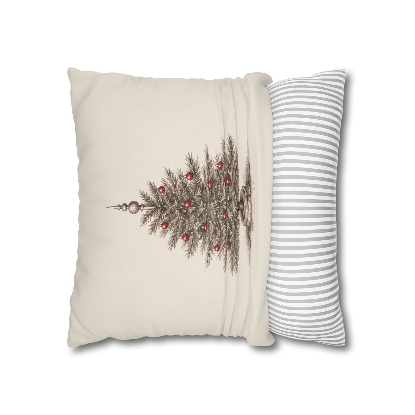 A Vintage Christmas Tree Pillow Cover in Natural Canvas with a Hand-Drawn Pencil Sketch
