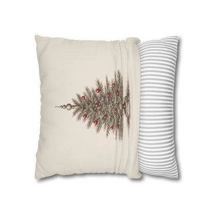 A Vintage Christmas Tree Pillow Cover in Natural Canvas with a Hand-Drawn Pencil Sketch