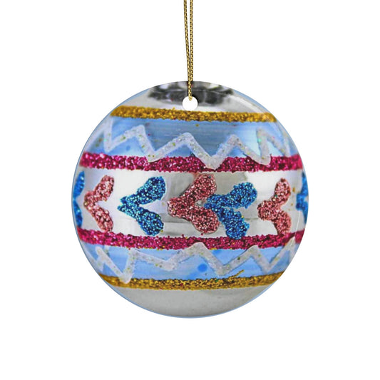 Printed Ceramic Retro Vintage Ornament with Colorful Maximalist Faux Glitter Design, Double Sided Christmas Tree Ornament