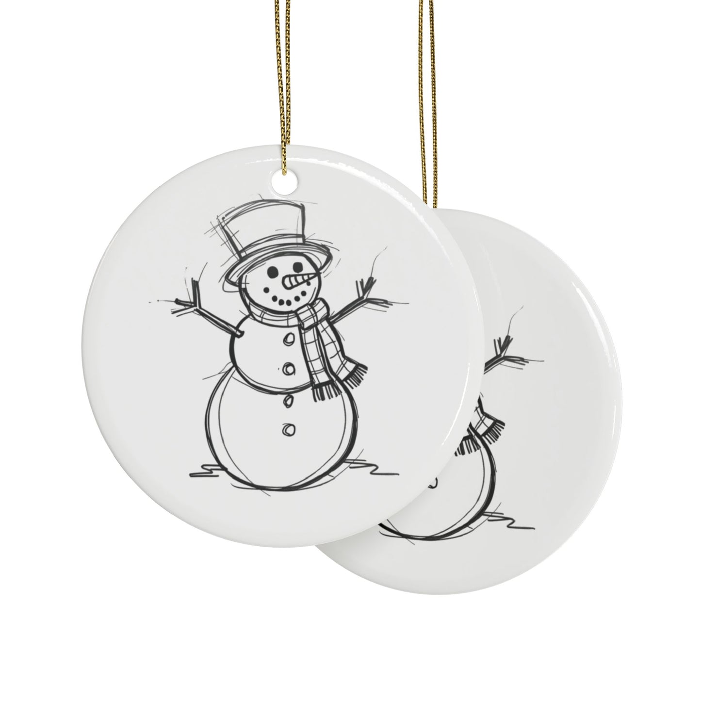Hand drawn snowman sketch ornament on soft white ceramic, double sided