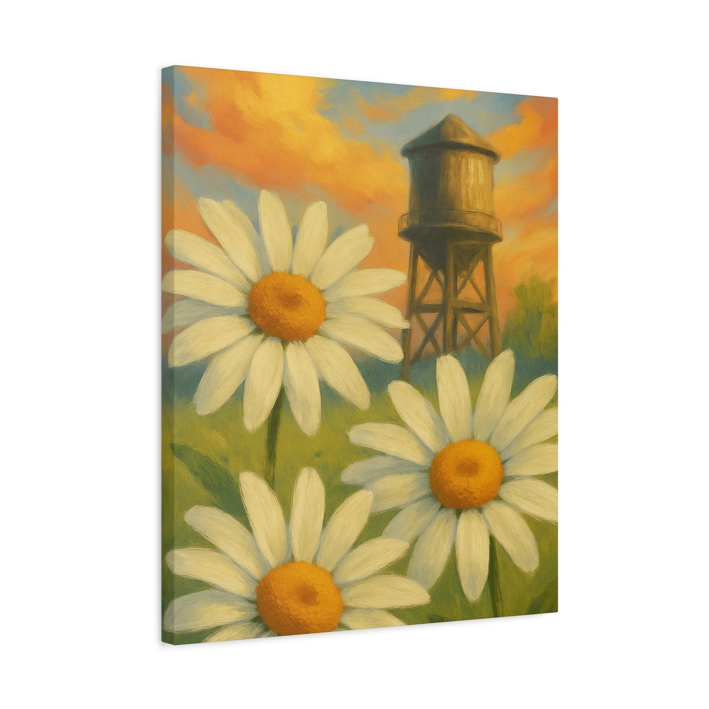 Daisies & Water Tower Matte Stretched Canvas Wall Art — 1.25"