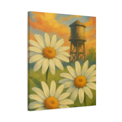 Daisies & Water Tower Matte Stretched Canvas Wall Art — 1.25"