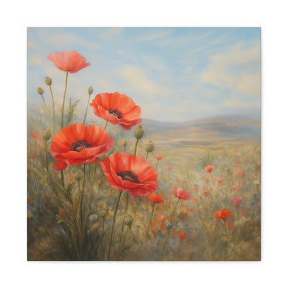 Poppy Field Wall Art, Red Poppy Canvas Print, Floral Landscape Artwork, Botanical Home Decor, Large Neutral Living Room Art