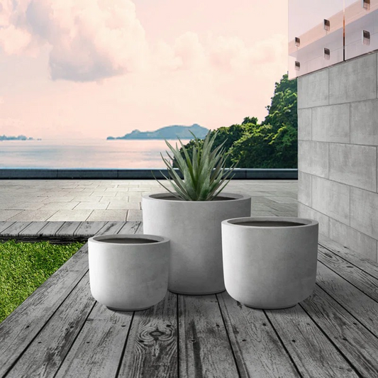 3 Piece 13.19 In, 11.02 in and 9.06 in round Lightweight Concrete and Fiberglass Indoor Outdoor Weather Resistant Planters with Drainage Holes Set