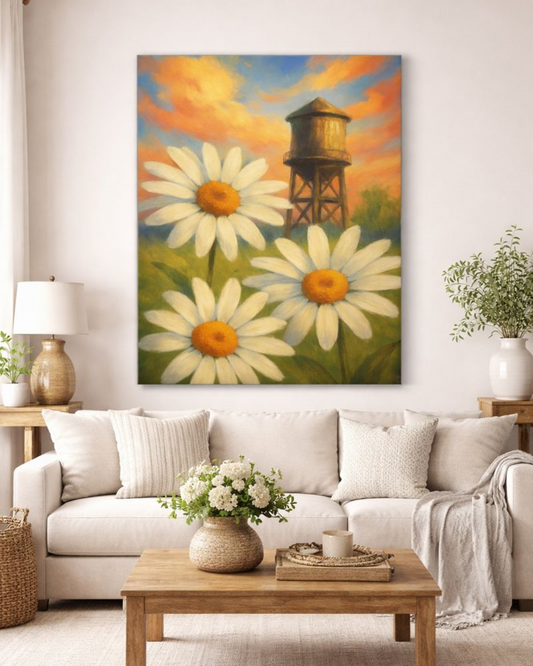 Daisies & Water Tower Matte Stretched Canvas Wall Art — 1.25"