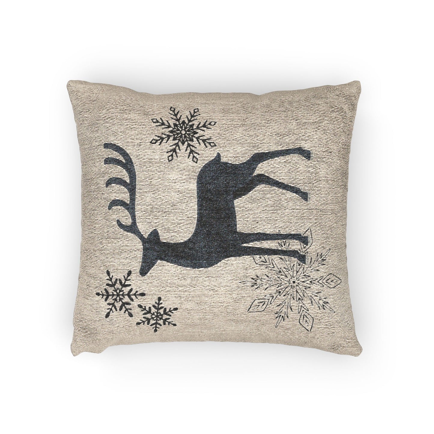 Warm Oatmeal Reindeer and Snowflakes Woven Pillow | Holiday Deer Throw Pillow