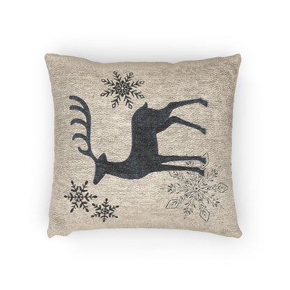 Warm Oatmeal Reindeer and Snowflakes Woven Pillow | Holiday Deer Throw Pillow