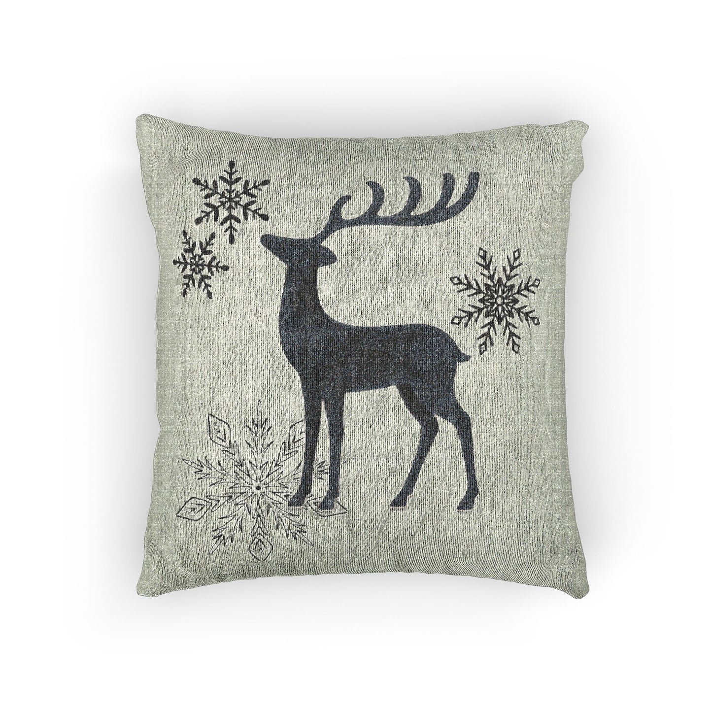 Sage Green Reindeer and Snowflakes Woven Pillow | Holiday Deer Throw Pillow