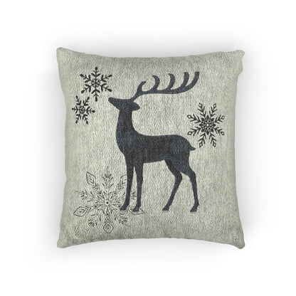 Sage Green Reindeer and Snowflakes Woven Pillow | Holiday Deer Throw Pillow